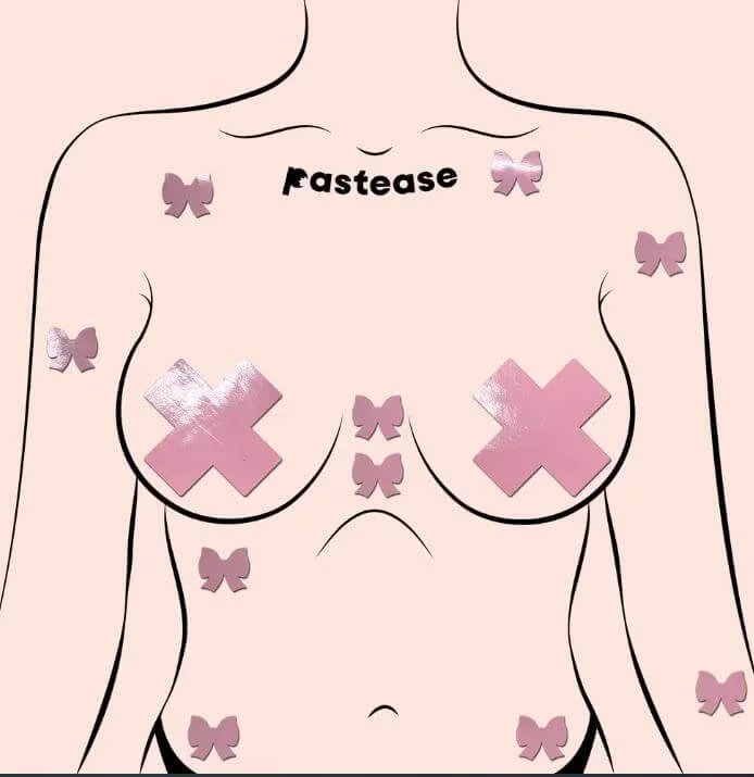 10 Mini Black and Baby Pink Bow Faux Patent Leather Body Pasties