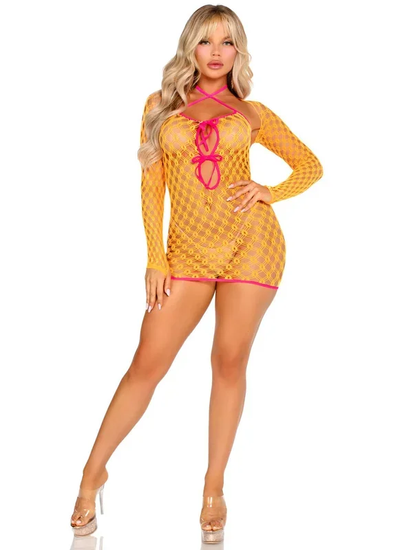 2 Pc Neon Orange Eyelet Net Mini Dress Set with Shrug