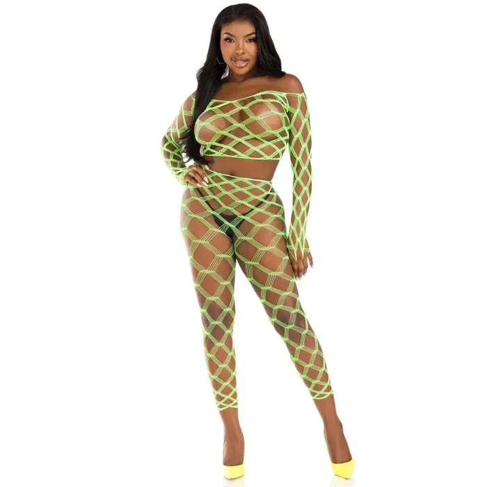 2 Pc Net Crop Top and Footless Tights – One Size – Neon Green