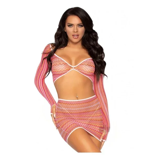 2 Pc Zig Zag Net Crop Top and Mini Dress – One Size – Pink