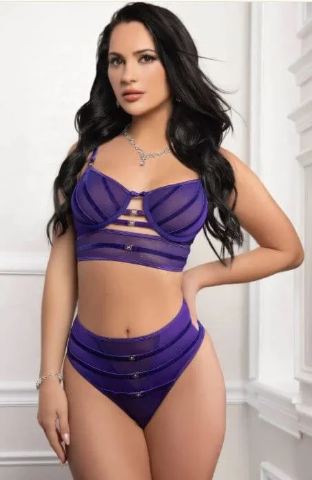 2-Piece Satin Straps Bra and High Waist Panty Set – Royal Purple | Lace & Mesh Design
