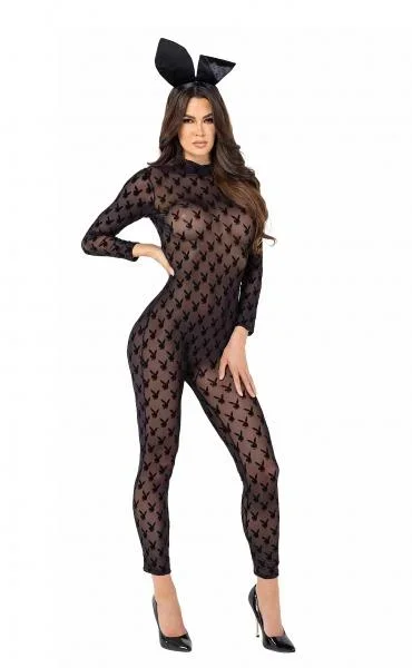 2 Piece Sheer Playboy Bunny Bodysuit – Black –