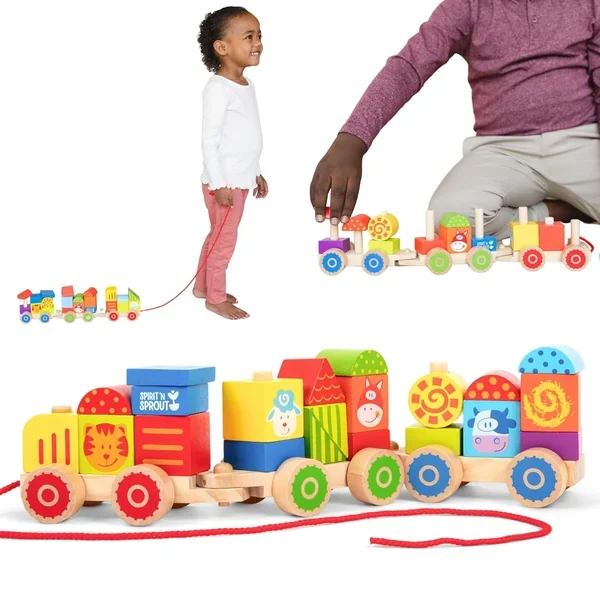 23 Pieces Farm Wooden Train Set For Toddlers 2 4 Stacking Train Pull Toy Ba