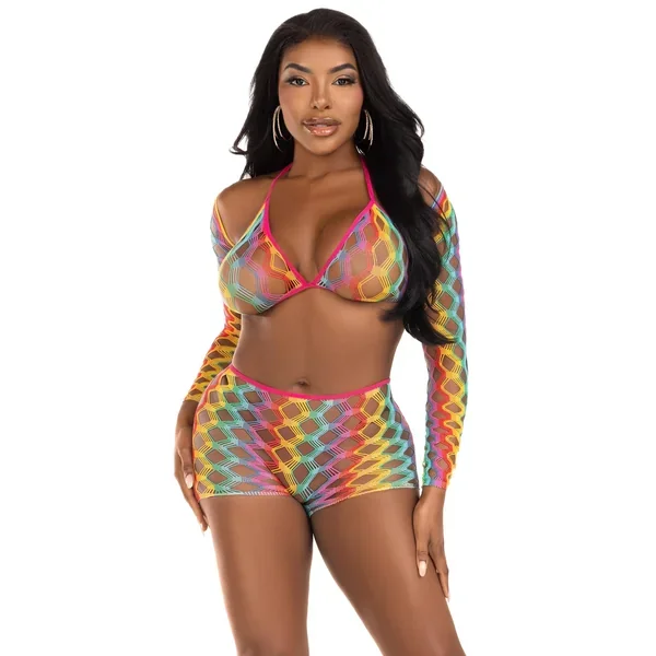 3 Pc Net Bra Top With Shrug and Boy Shorts – One Size – Multicolor