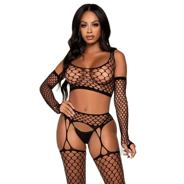 3 Pc Net Crop Top, Garter Stockings, and Matching Gloves – One Size – Black