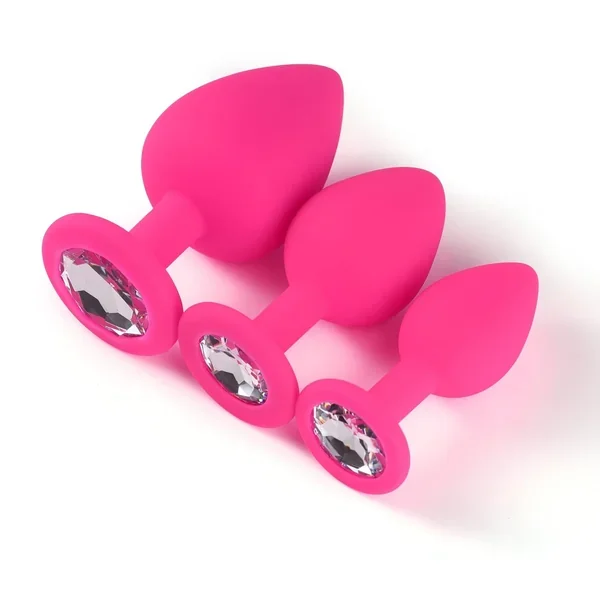 3 Pcs 3 Size Silicone Jeweled Anal Butt Plugs Anal Trainer Toys Silicone Butt Plug Silicone Anal Plug Set Round Shape Plug Beginner Trainer Kit Adult Sensory Toys For Men Women(Pink)