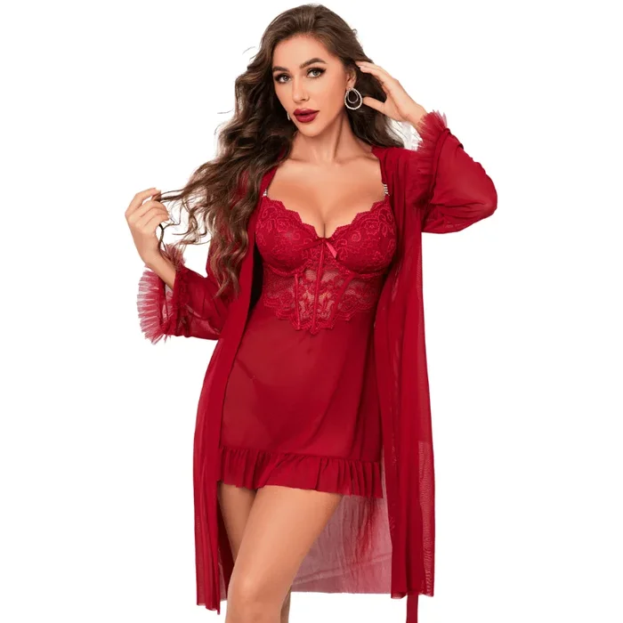 3 Piece Lace Sexy Kimono Robe Babydoll Nightwear Set