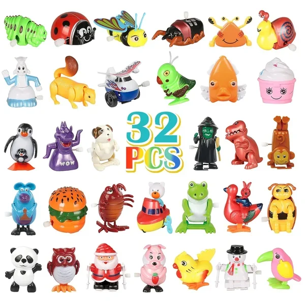 32 Pcs Assorted Wind Up Toys For Kids, Bulk Windup Animals Walking Jumping Swi