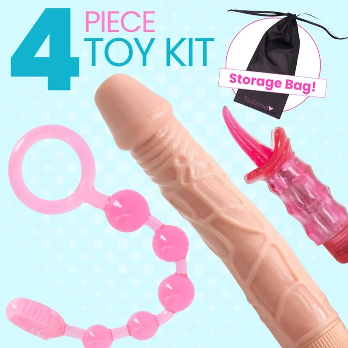 4 Piece Toy Kit – Dildo Vibe, Tongue Teaser, Vibrating Anal Beads and Sm. Toy Storage Bag!