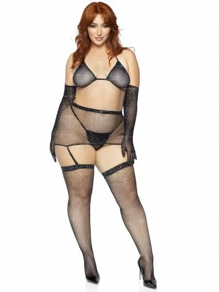 5 Piece Rhinestone Bra Set – Black – Queen Size