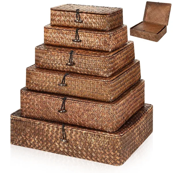 6 Pcs Wicker Basket With Lid 6 Sizes Large Seagrass Storage Baskets Stackable De