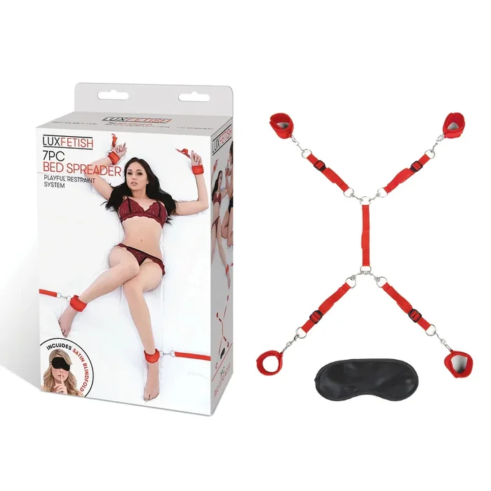 7 Piece Bed Spreader Restraint System with Adjustable Cuffs Red