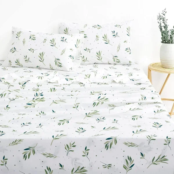 – Tree Leaves Sheet Set, 100% Cotton Bedding, Cottagecore Green Botanical Plan