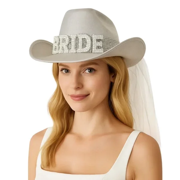 “Bride” Cowgirl Hat with Veil – White