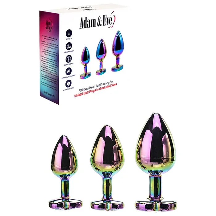 Adam & Eve RAINBOW HEART GEM ANAL TRAINING SET – Multicoloured Metal Anal Plugs with Gem Bases – Set of 3 Sizes