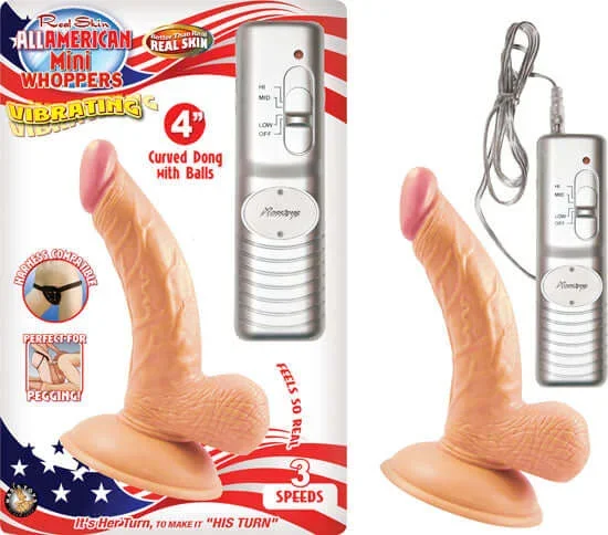 All American Mini Whoppers: 4-Inch Vibrating Curved Dong with Balls – Flesh Tone