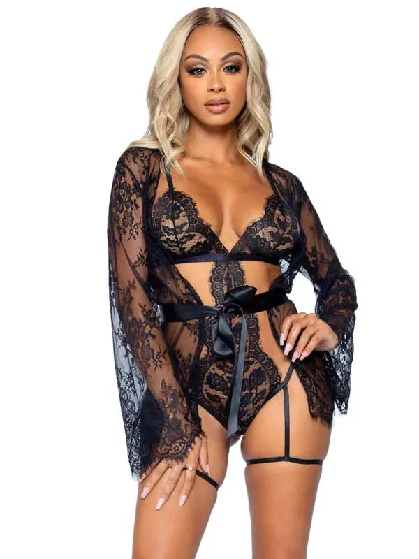 All Romance Lace Teddy and Robe Set – Small – Black