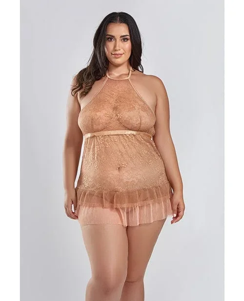 Amber Halter Lace Babydoll with tiered Pleated Mesh Skirt Hem & G-string Brown