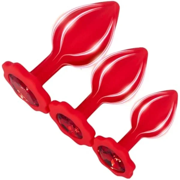 Anal Sex Trainer 3Pcs Set Silicone Butt Toys Anal Trainer Jewel Butt Plug Kit S&M Anal Sex Toys Kit For Starter Beginner Men Women Couples, Red