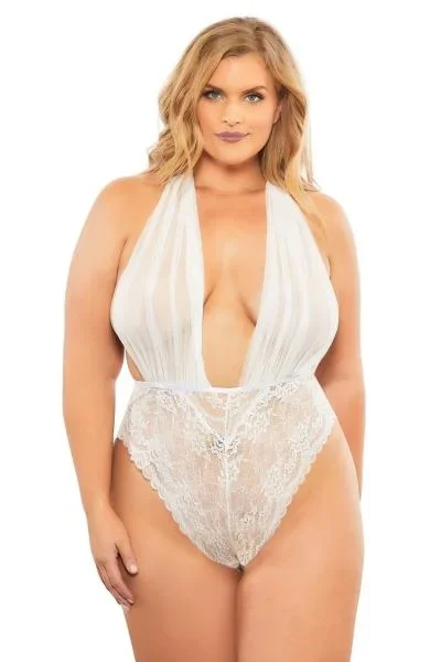 Aria Mesh Plunge Halter Teddy – White – One Size/Queen