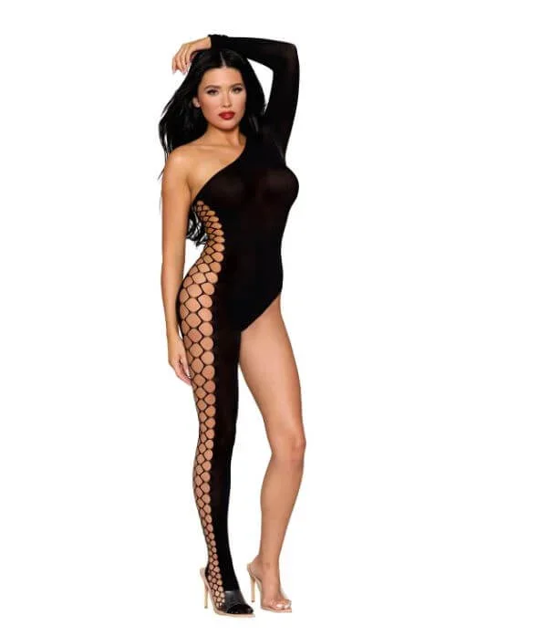 Asymmetrical Semi-Sheer Black Bodystocking with Fence Net Side Detail – One Size