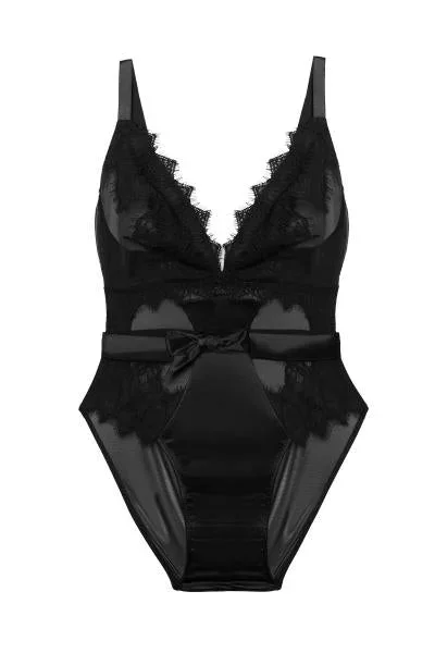 Athena Lace and Mesh Bow Body – Black –