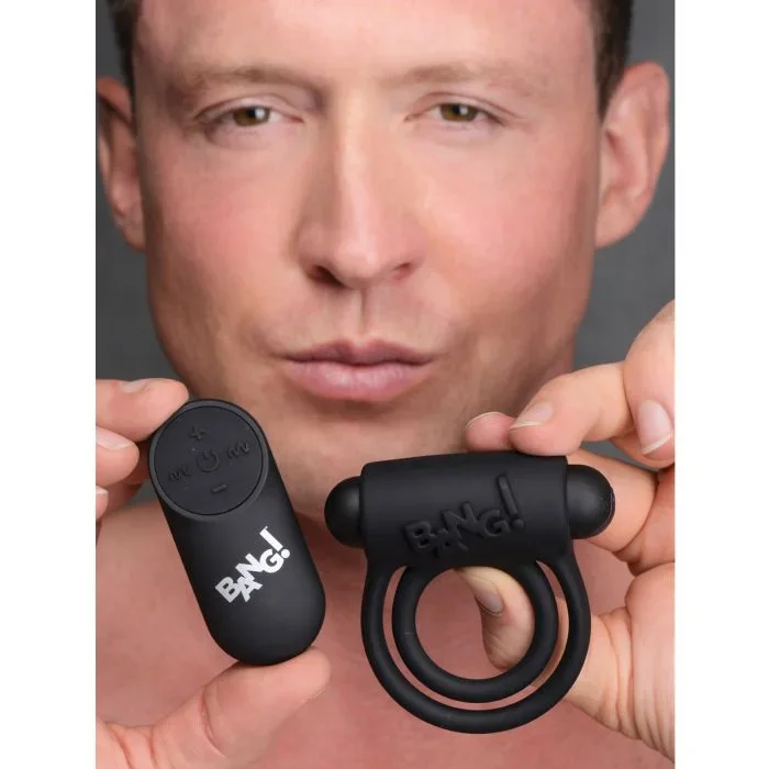 Bang! Vibrating Cock Ring & Bullet w/Remote Control – Black
