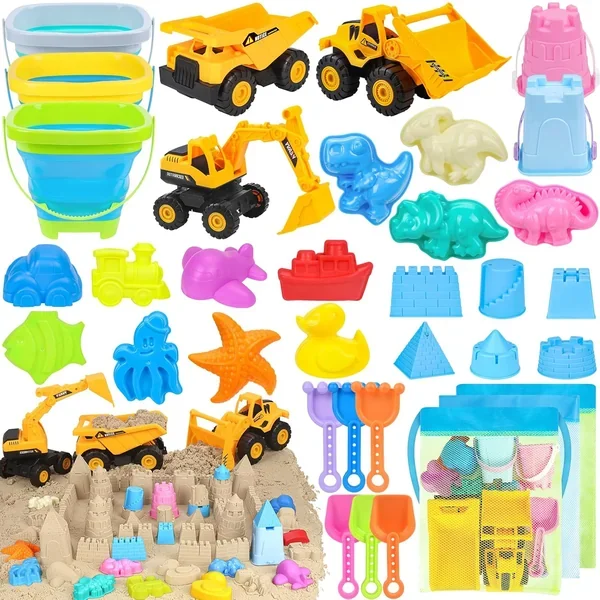Beach Toys, 35Pcs Sand Toys, Sandbox Toys With 3 Truck 3 Collapsible Beach