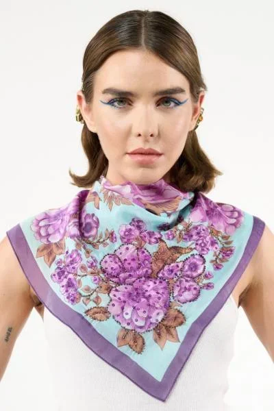 Beauty Embellished Bandana – Teal/Purple Floral – One Size