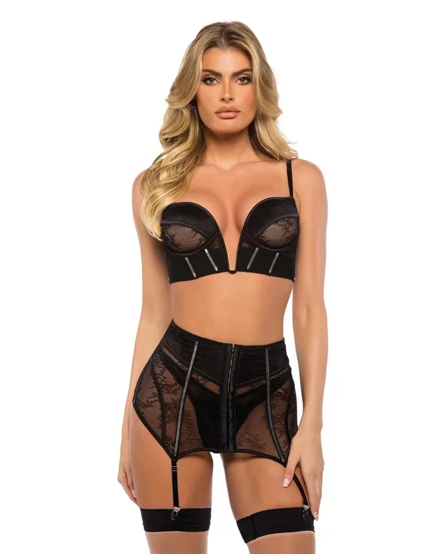 Belle Noir Chantilly Lace and Satin Garter Skirt 3 pc Set – Black XL