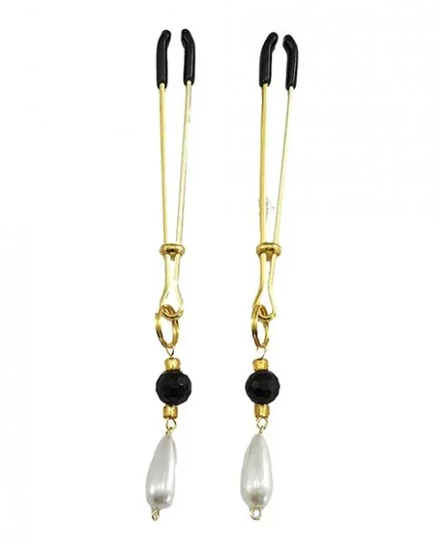Bijoux Tweezer Nipple Clamp Black & Gold Beads & Pearl – Gold