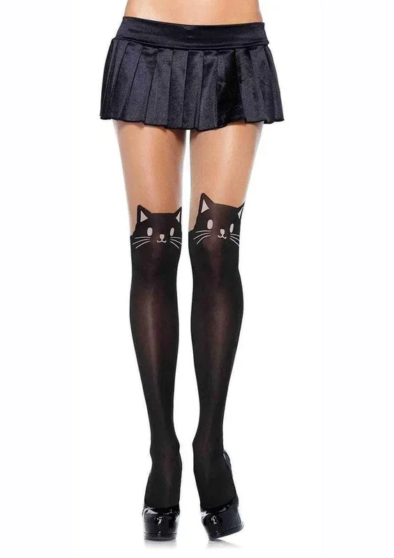 Black Cat Spandex Opaque Pantyhose with Sheer Thigh Accent