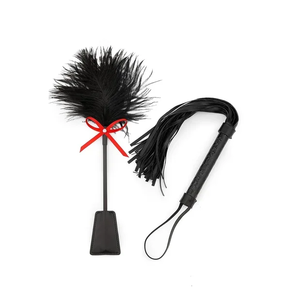Black Faux Leather Whip 18″ Feather Tickler 15″ Set – Equestrian Horse Riding Whip – French Tickler – Whip Feather