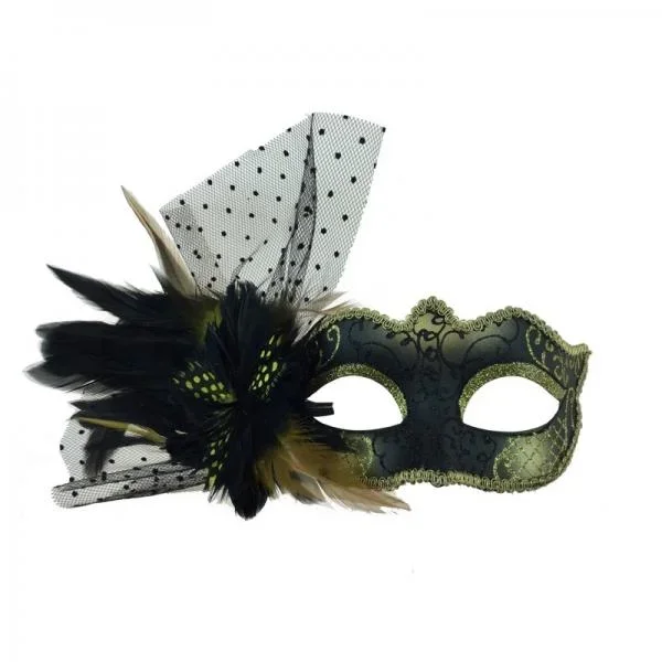 Black/Gold – Venetian Mask with Feathers Aside