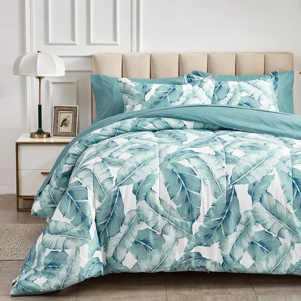 Blue Green Queen Comforter Set With Sheets,Bed In A Bag 7-Pieces,Palm Tree Tot