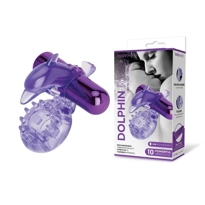 Bodywand Rechargeable Dolphin Ring with Clit Ticklers – Purple USB Rechargeable Vibrating Cock Ring
