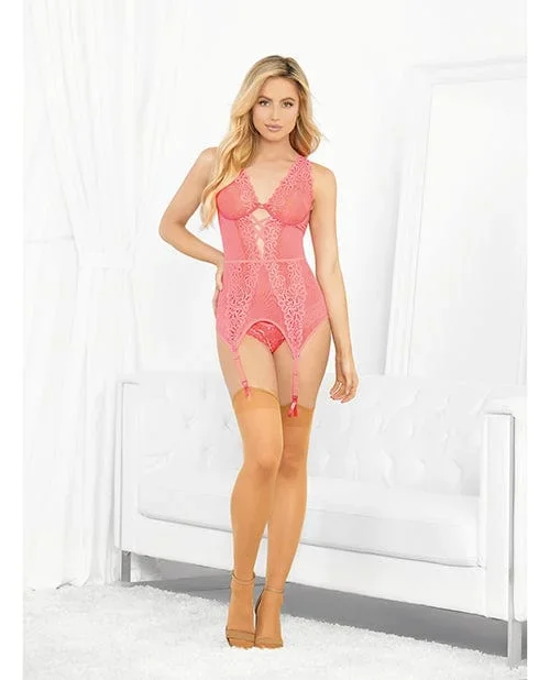 Bustier with Underwire Cups, Lace Panty & Hose Coral