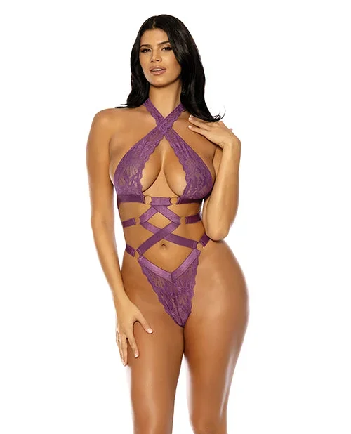 Camille Lace Halter Teddy with Lace Up Details – Purple L/XL