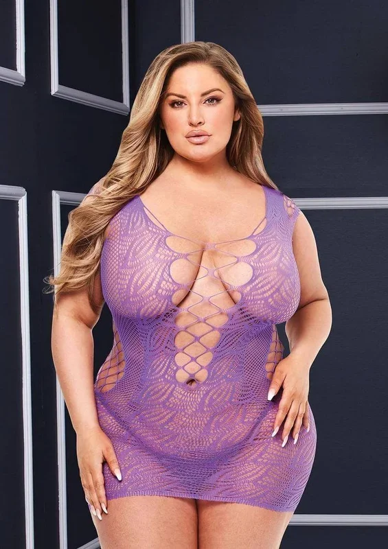 Corset Front Lace Mini Dress – Sheer Lace & Fishnet Lingerie – Purple Q/S