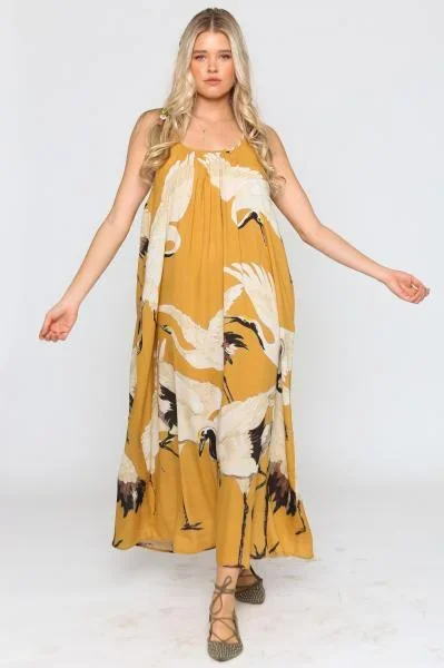 Cranes of Heaven Maxi Dress – Mustard