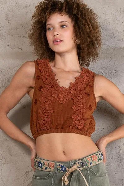 Crop Top with Floral Detail – Burnt Topaz –