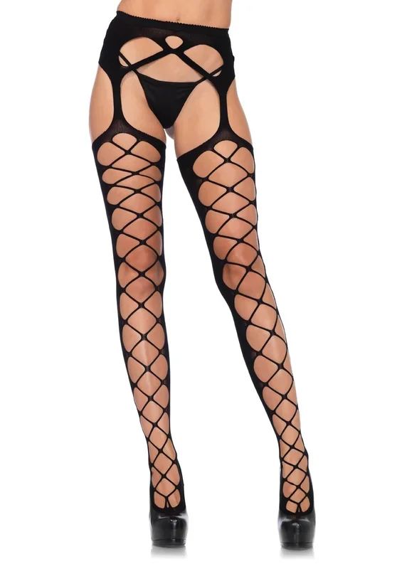 Diamond Net Opaque Stockings with Attached Garter – Black – One Size