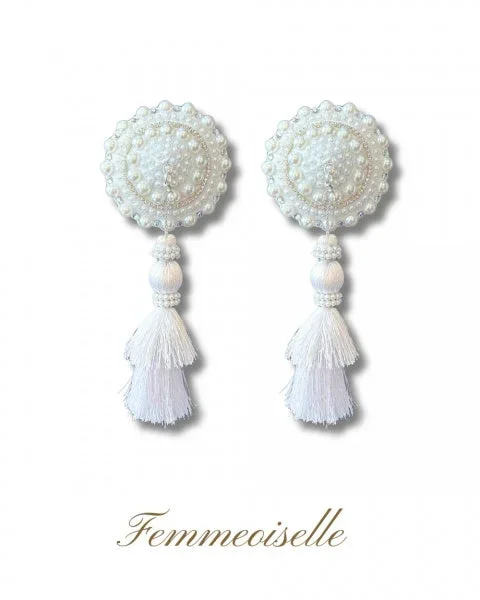 Dita – Femmeoiselle Pearl and Gem Pasties with Removable Hand-Beaded Tassels – White – 2.75″