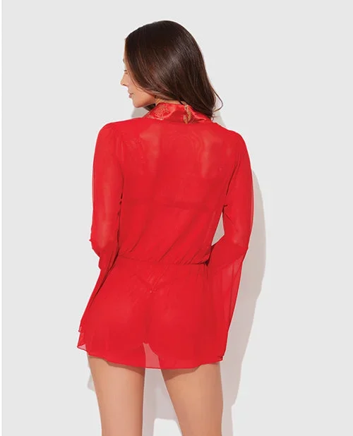 Dragon Sheer Mesh Robe w/Satin Triangle Top & G-String 3 pc Set – Red XL