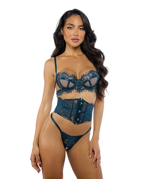 Eden Scalloped Eyelash Lace & Wet Look Waspie 3 pc Set – Teal SM