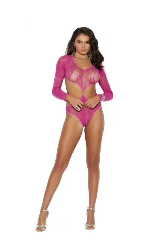 Elegant Moments Long Sleeve Lace Teddy with Cut Out Design – Neon Pink