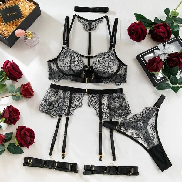 Enchanting Lace Harness Five Piece Set – Black –