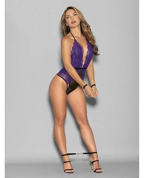 Euphoria Halter Lace & Mesh Teddy with wrist Restraints Purple/black One Size Fits Most