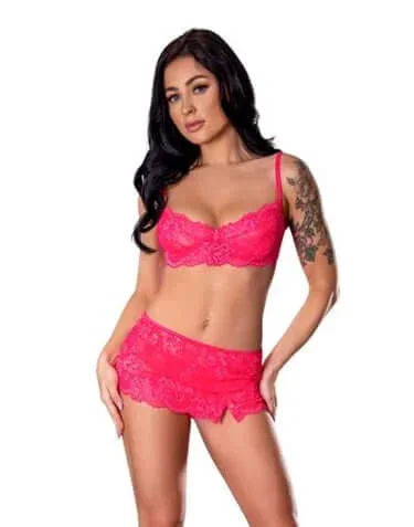 Exposed by Magic Silk “Get It Girl” Bra, Skirt & Thong Set – Pink L/XL, Stretchy Lace with Satin Ribbon