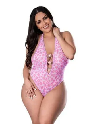 Exposed by Magic Silk Daisy Teddy – 2XL, Blacklight Reactive Print, Plunge Neckline, Snap Crotch